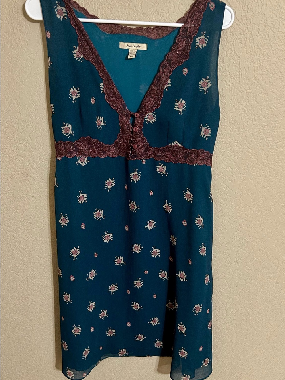 Free People Teal Slip Dress with Plum Lace Accents